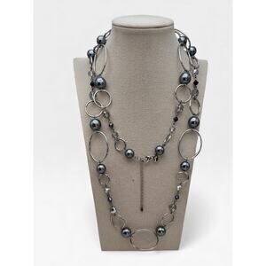 Lia Sophia Silver & Hematite Pearl 50” Convertible Statement Necklace – Long